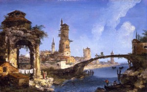 Capriccio with ruined arch, medieval tower and bridge
